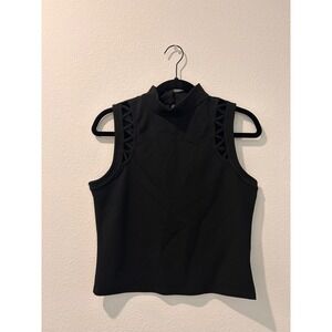 Black Sleeveless Mock Neck Lattice Shoulder Textured‎ Top Size L